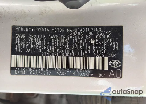 2016 Toyota Corolla Le z USA, uszkodzony, nr VIN 2T1BURHE0GC644518